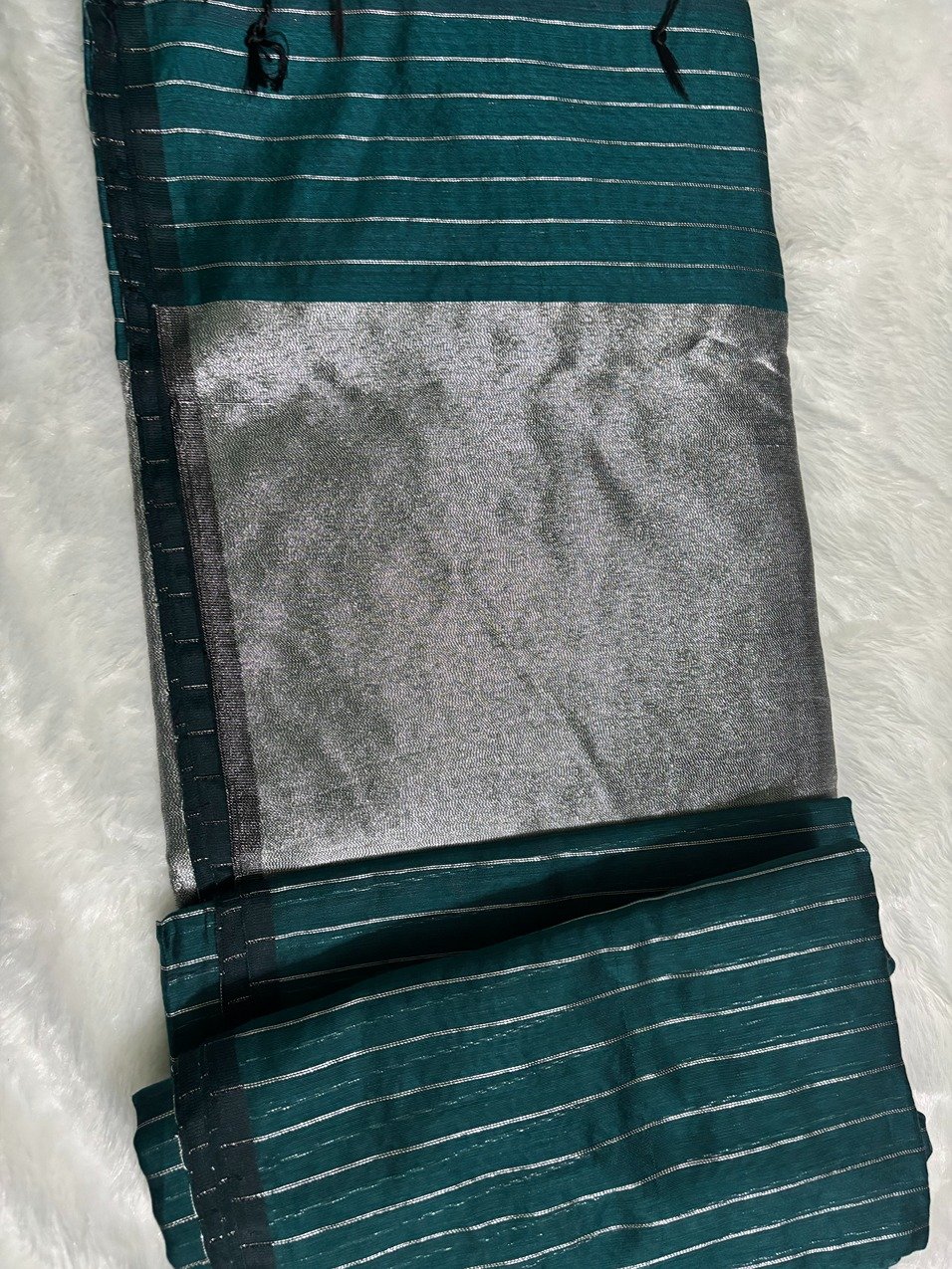 Teal Green Silver Zari Linen Silk Saree